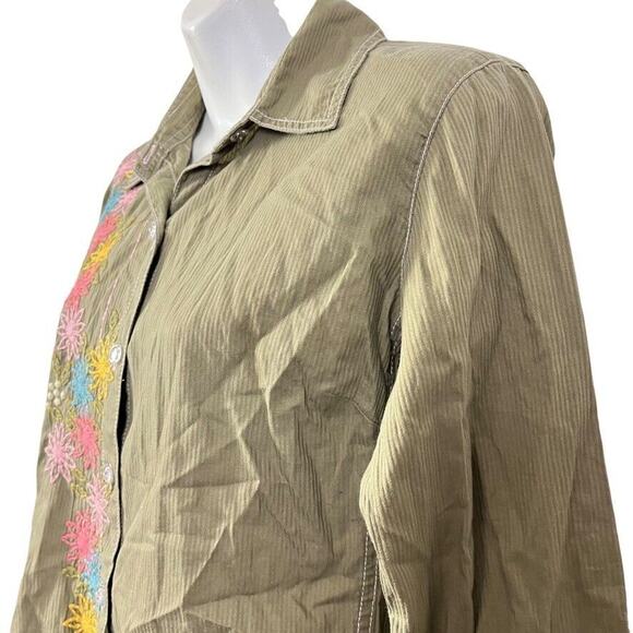 J Jill Womens Embroidered Long Sleeve Bell Sleeve Button Up Green Shirt Top sz 4 - Picture 12 of 16
